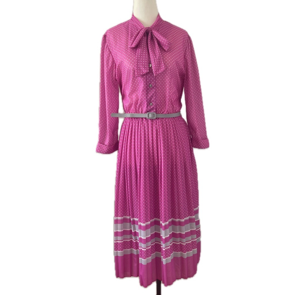 Vintage 70s Sears the Fashion Place Belted Pleated Pink & Grey Dress Women’s 12